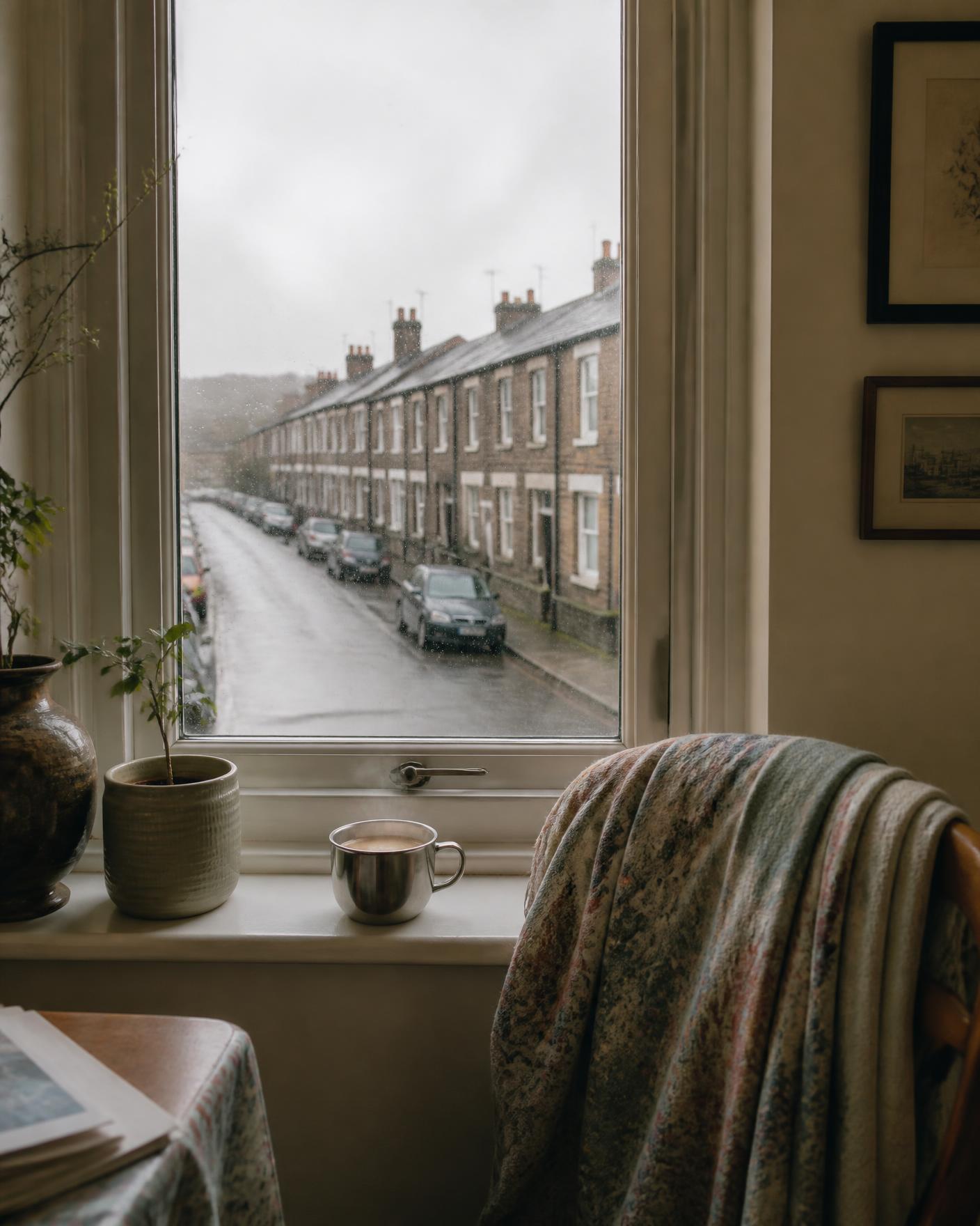 A cup of chai on the sill of a flat window looking out on a rain-soaked British street